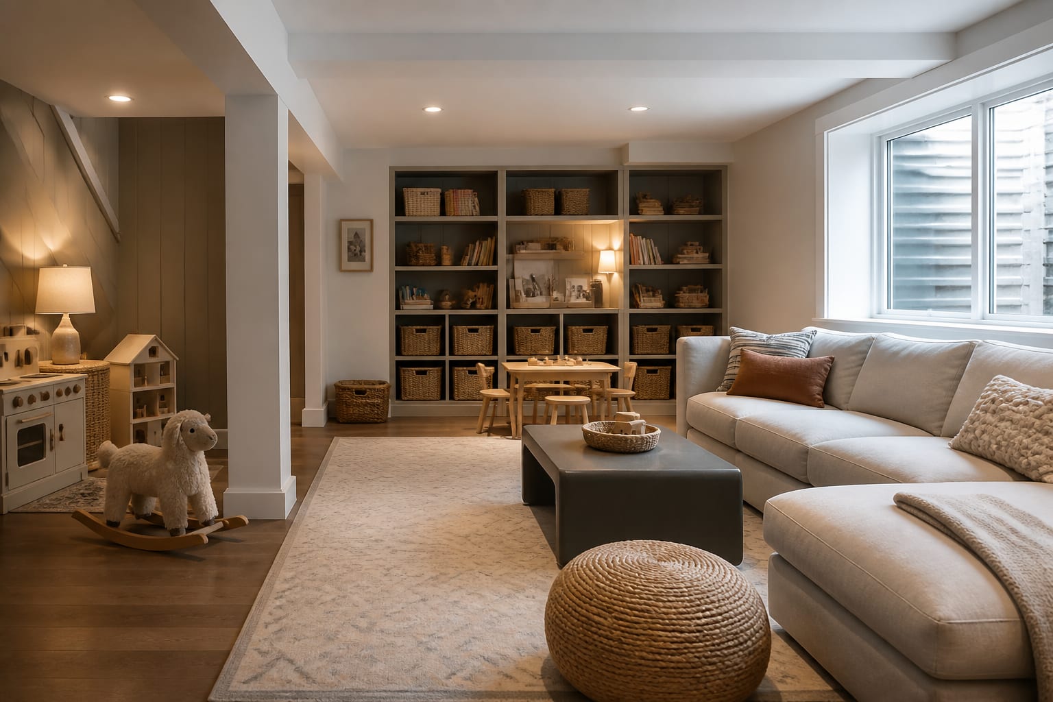 Editorial interior photograph showing basement playroom ideas in a real basement playroom, with finished basement materials, layered warm lighting, functional furniture placement, and a magazine-quality residential composition.