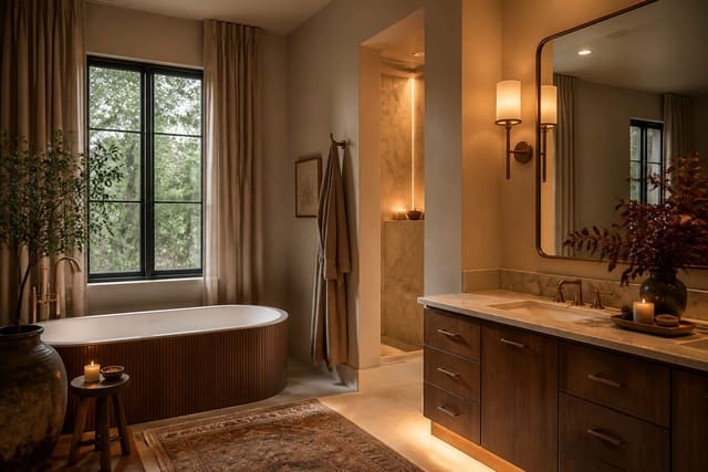 Bathroom Color Ideas in a bathroom, shown as a warm editorial Re-Design concept