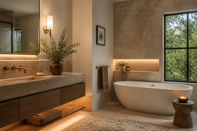 Bathroom Hardware Guide in a finished bathroom, shown as a warm editorial Re-Design concept