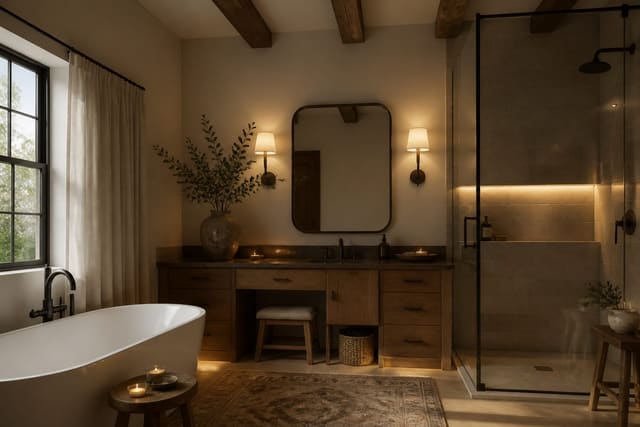 Bathroom Lighting Design Guide: Layering for a Finished Room, shown as warm editorial Re-Design photography with believable residential scale, natural light, clear material detail, no overlaid text, no watermark
