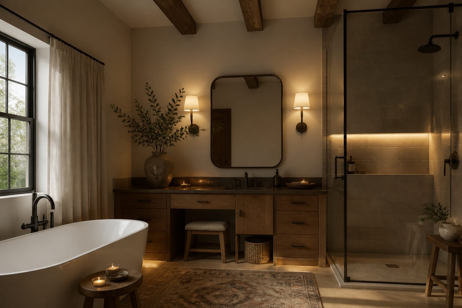 Bathroom Lighting Design Guide: Layering for a Finished Room, shown as warm editorial Re-Design photography with believable residential scale, natural light, clear material detail, no overlaid text, no watermark