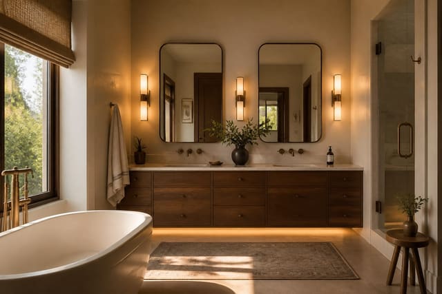 Editorial interior photograph showing bathroom mirror ideas: sizing, shape, and lighting in a real bathroom, with warm residential materials, layered lighting, functional furniture placement, and a magazine-quality composition.