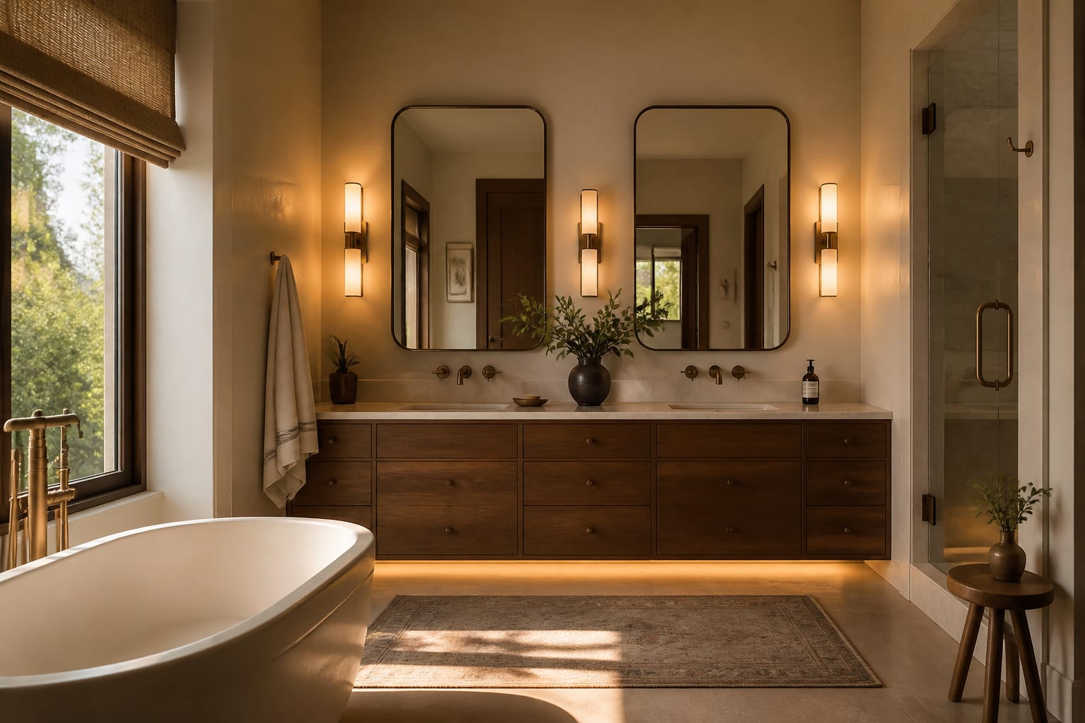 Editorial interior photograph showing bathroom mirror ideas: sizing, shape, and lighting in a real bathroom, with warm residential materials, layered lighting, functional furniture placement, and a magazine-quality composition.