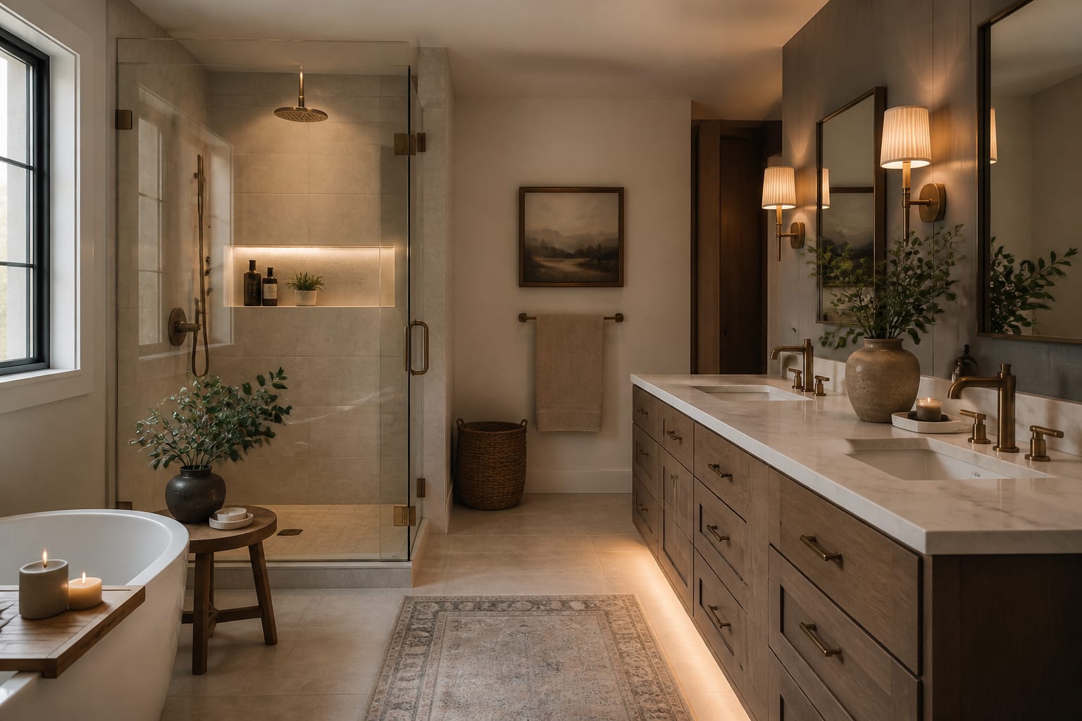 Finished bathroom renovation with porcelain tile, quartz vanity, warm sconces, and strong ventilation details, shown as a warm editorial Re-Design concept
