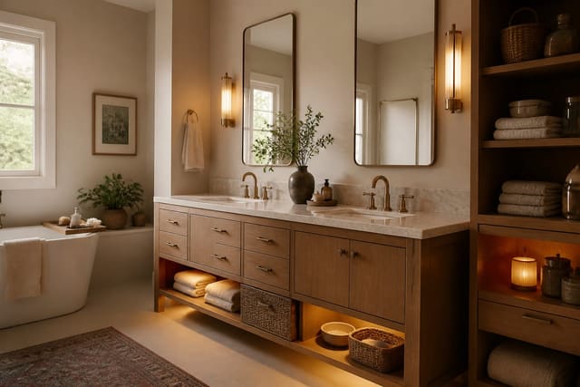 Editorial interior photograph showing bathroom storage ideas to tame clutter for good in a real bathroom, with warm residential materials, layered lighting, functional furniture placement, and a magazine-quality composition.