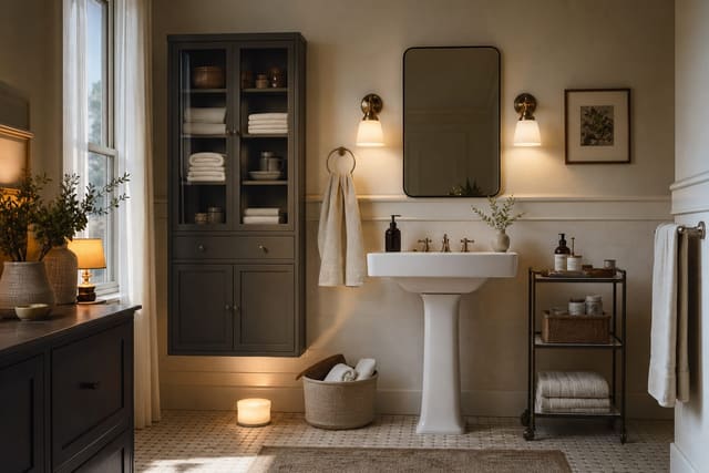 pedestal sink bathroom with wall cabinet, narrow storage cart, soft towels, and calm closed containers