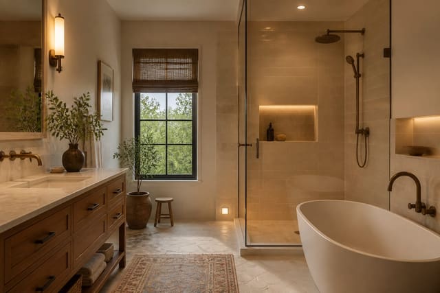 Editorial interior photograph showing bathroom tile ideas in a real bathroom tile scheme, with spa-like bathroom materials, layered warm lighting, functional furniture placement, and a magazine-quality residential composition.