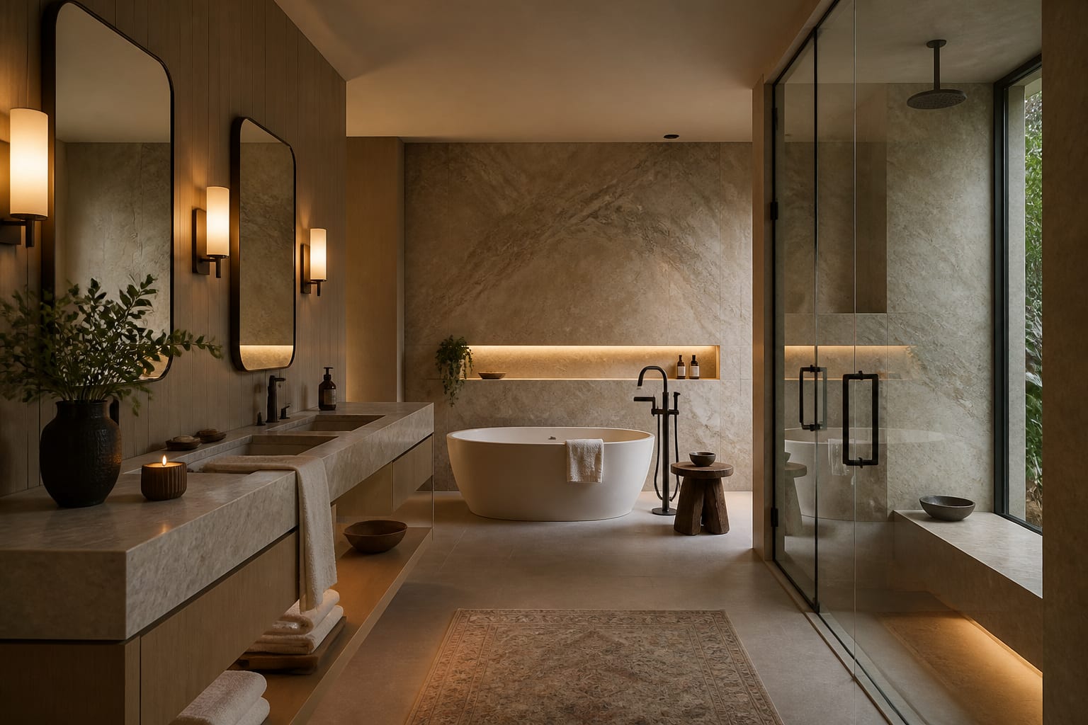 Bathroom Design Trends 2026: Spa-Like, Sensory, and Calm, shown as warm editorial Re-Design photography with believable residential scale, no overlaid text, no watermark