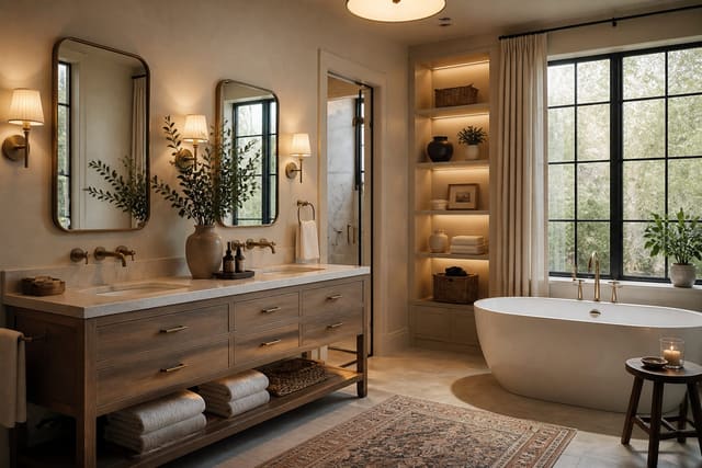 Editorial interior photograph showing bathroom vanity ideas that balance storage and style in a real bathroom, with warm residential materials, layered lighting, functional furniture placement, and a magazine-quality composition.