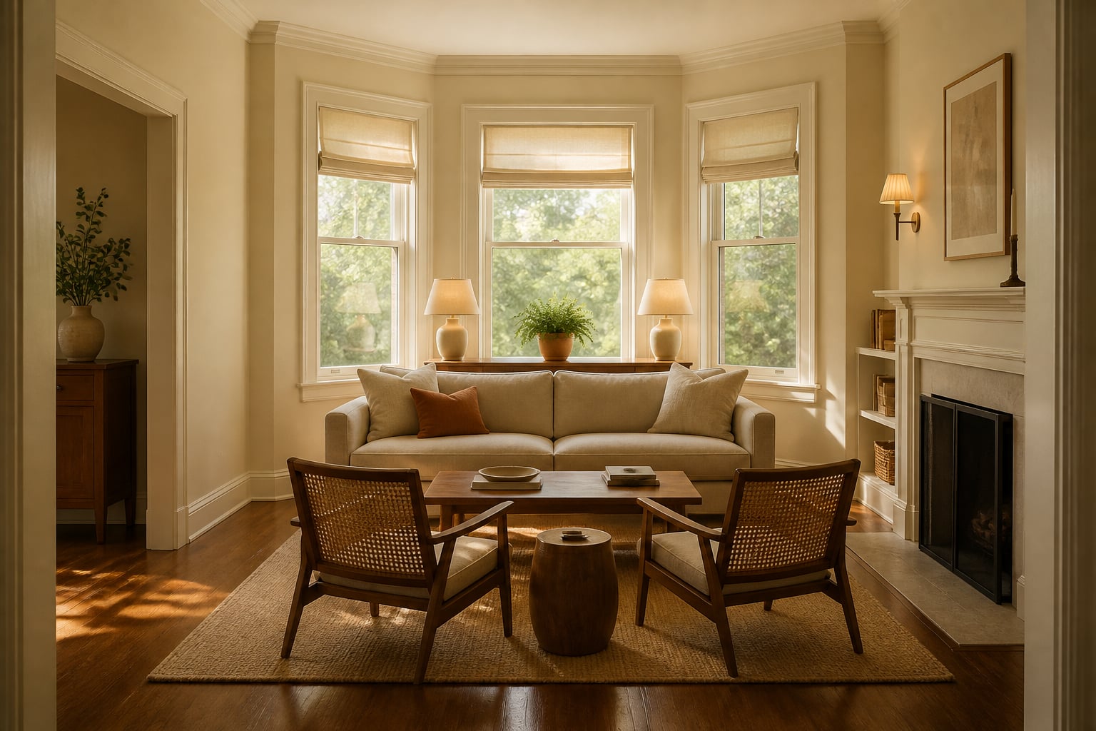 Same living room with the bay left clear, an oatmeal linen sofa floating off the bay with a console of warm lamps behind it, cane reading chairs, and unlined linen Roman shades on the bay windows.
