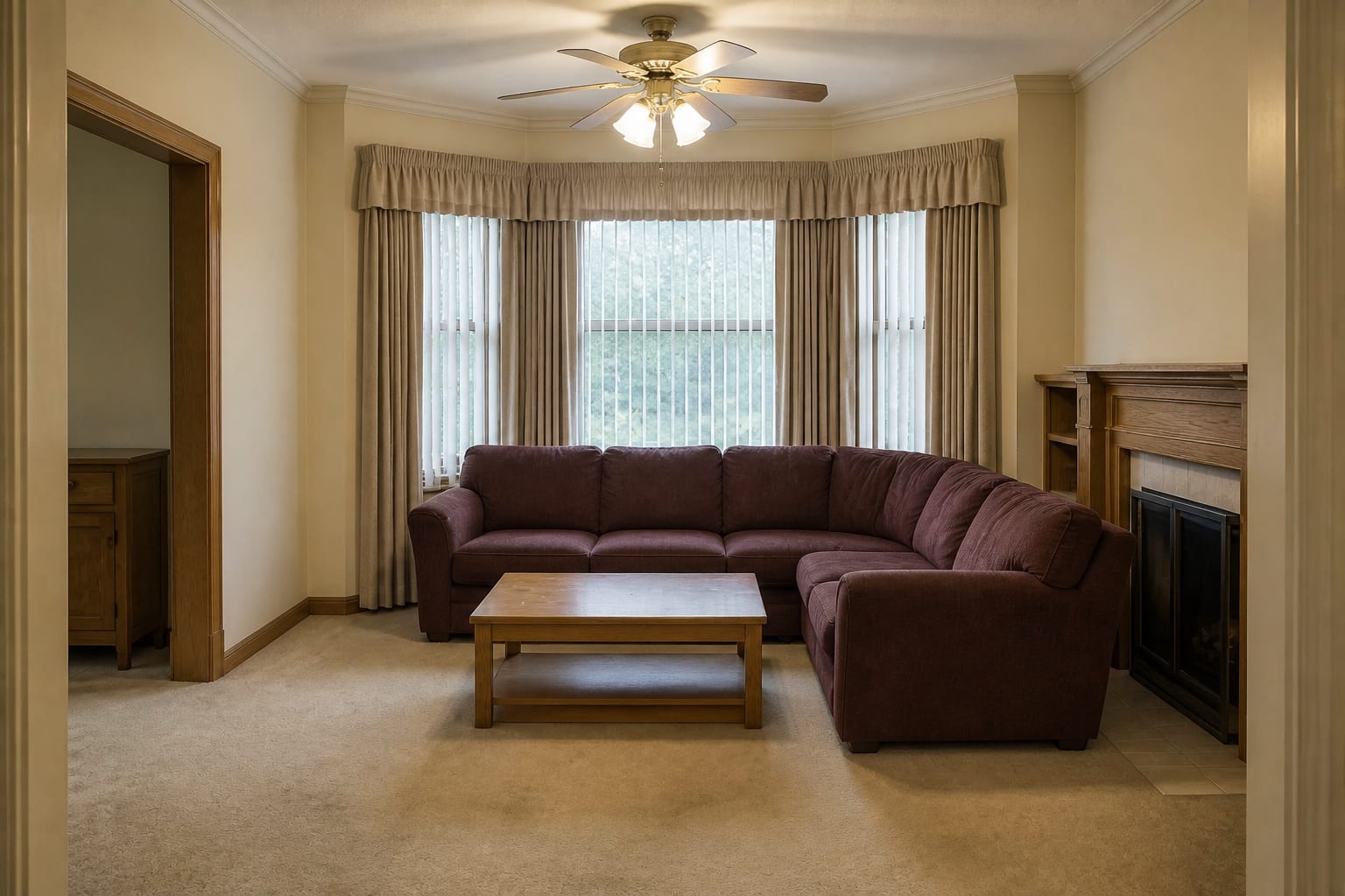 Living room with a maroon microfiber sectional shoved against a three-window bay, heavy formal beige drapes, and a cold ceiling-fan light.