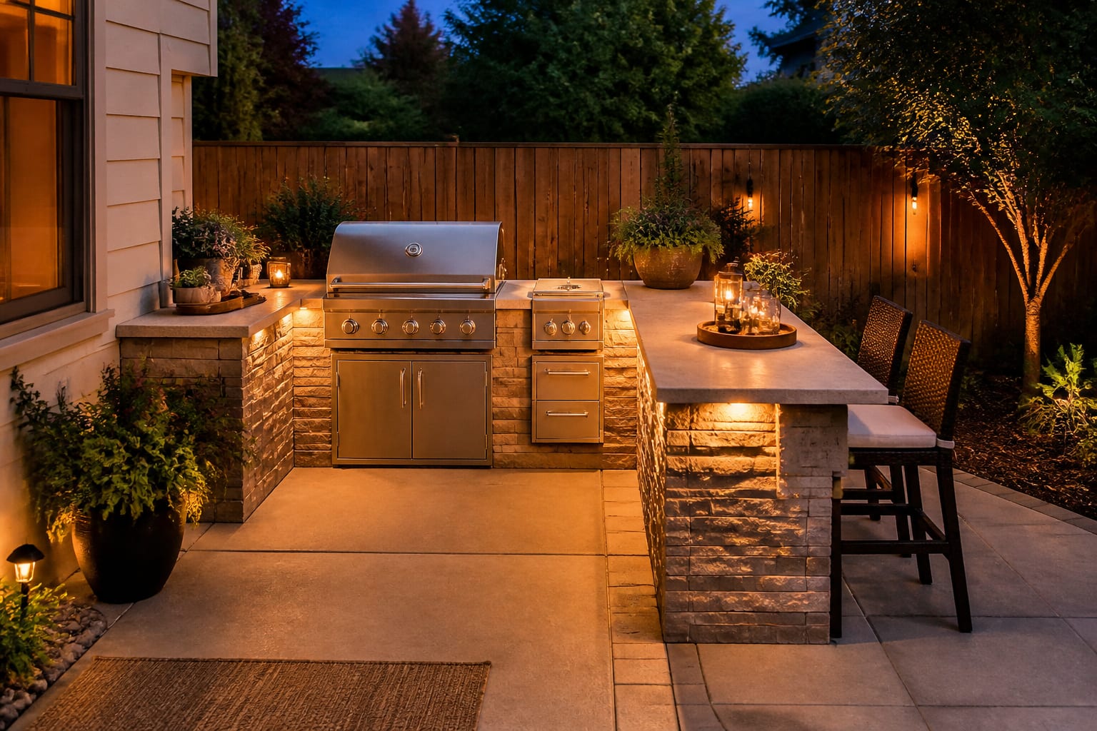 Same patio corner with an L-shaped masonry grill surround, stone counter, and bar seating after redesign