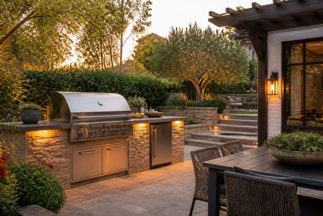 Editorial outdoor residential space illustrating bbq and grill area ideas: designing your outdoor cooking zone with warm natural light, realistic planting, hardscape, and furniture scale