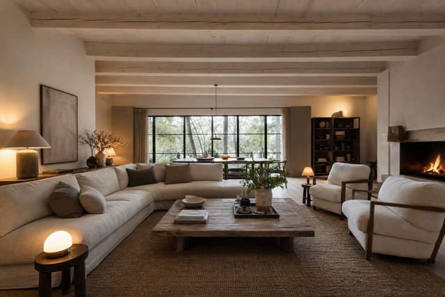modern living room with pale exposed ceiling beams, low linen seating, warm lamps, and a large neutral rug