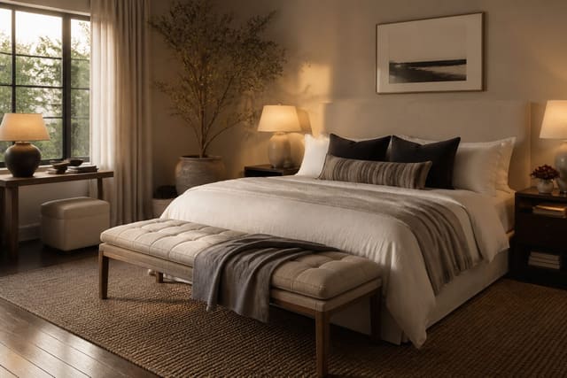 Bedroom Bench Ideas in a bedroom, shown as a warm editorial Re-Design concept