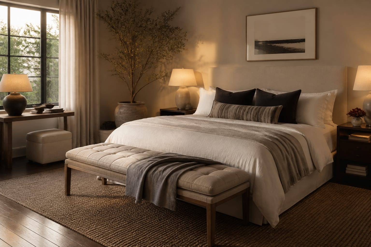 Bedroom Bench Ideas in a bedroom, shown as a warm editorial Re-Design concept