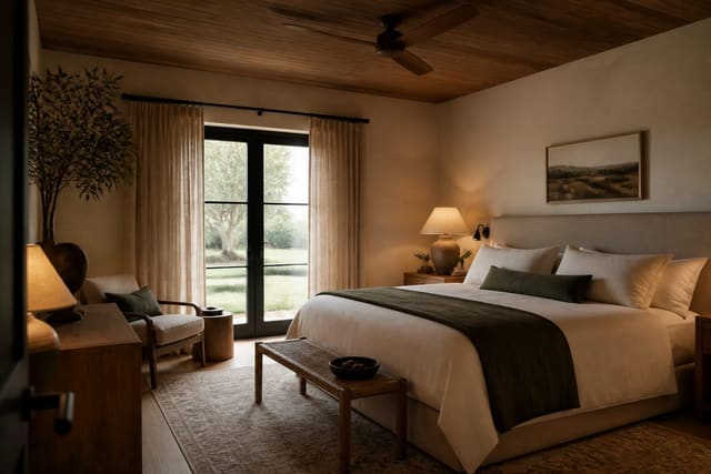 Bedroom Ceiling Fan Ideas in a bedroom, shown as a warm editorial Re-Design concept