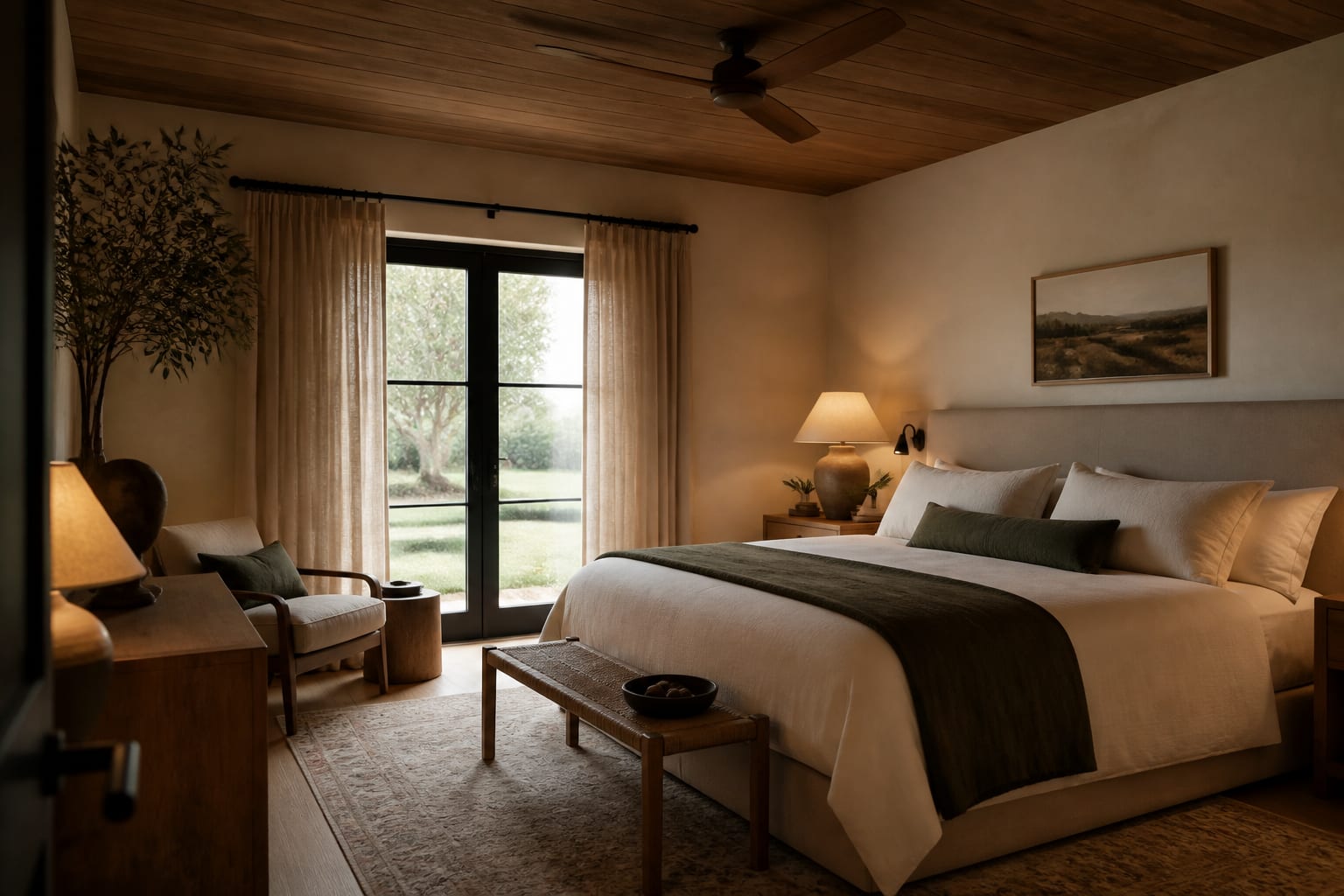Bedroom Ceiling Fan Ideas in a bedroom, shown as a warm editorial Re-Design concept