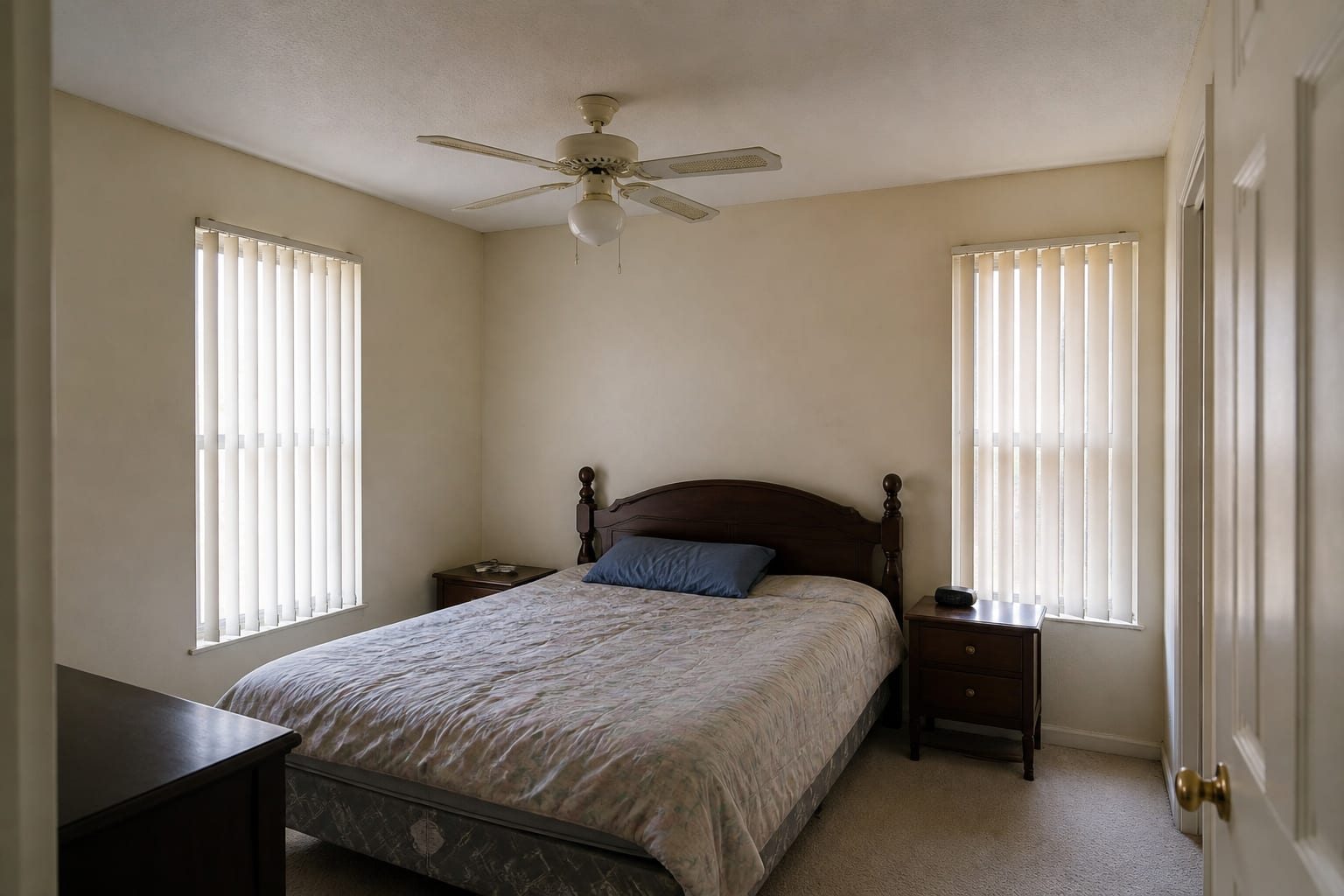 Small bedroom with a flat white ceiling, dated ceiling fan, beige walls, heavy curtains, and mismatched bedding.