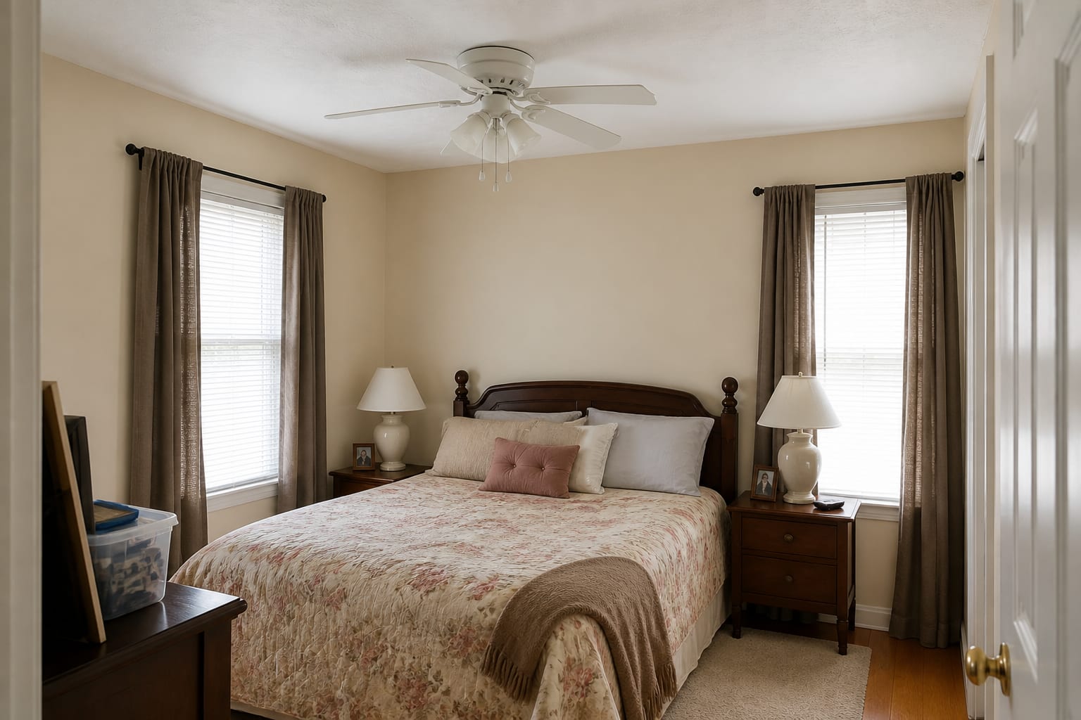 Small bedroom with a flat white ceiling, dated ceiling fan, beige walls, heavy curtains, and mismatched bedding.