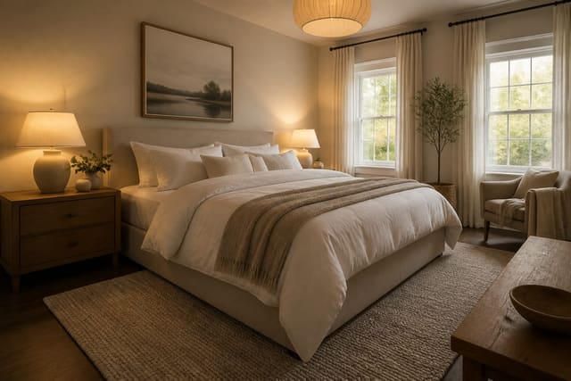 Bedroom Declutter and Reset: Creating a Sleep Sanctuary in One Afternoon, shown as warm editorial Re-Design photography of a calm bedroom after a declutter reset with clear nightstands, edited bedding, and warm bedside lamps at believable residential scale, no overlaid text, no watermark