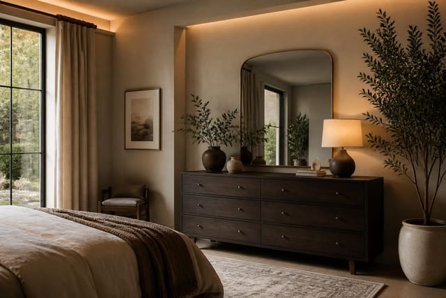 Bedroom Dresser Ideas in a bedroom, shown as a warm editorial Re-Design concept
