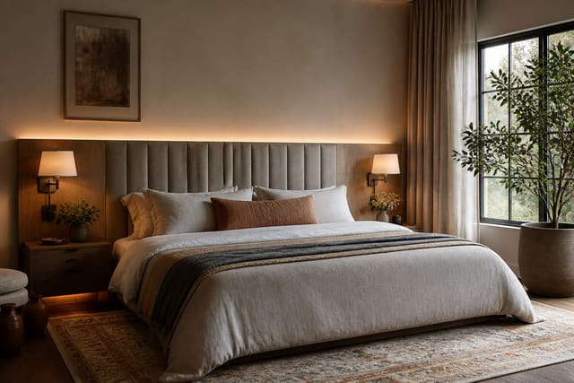 Bedroom Headboard Ideas in a bedroom, shown as a warm editorial Re-Design concept