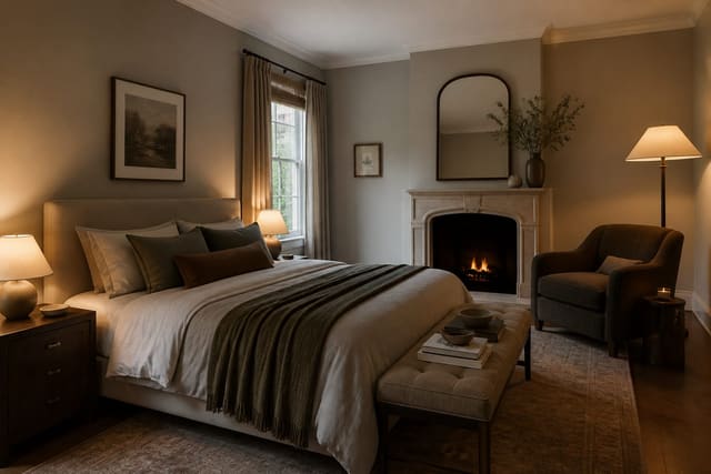Editorial interior photograph showing bedroom layout ideas in a real bedroom, with quiet bedroom-planning materials, layered warm lighting, functional furniture placement, and a magazine-quality residential composition.