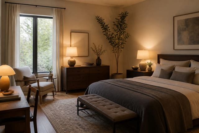 Editorial interior photograph showing bedroom lighting guide in a real bedroom, with quiet bedroom-planning materials, layered warm lighting, functional furniture placement, and a magazine-quality residential composition.