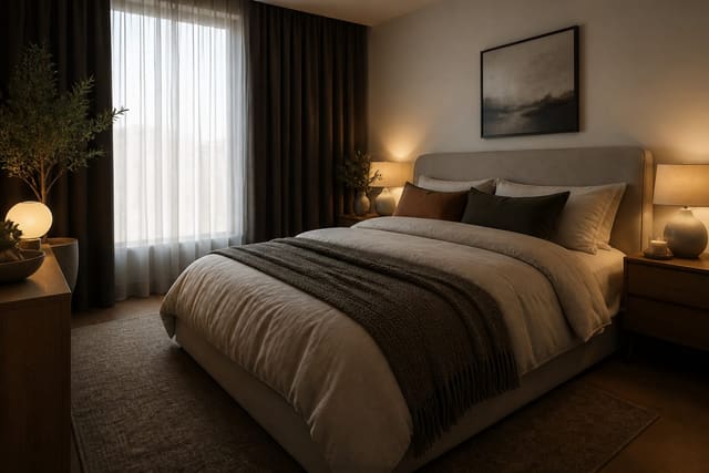 Calm bedroom makeover with warm lighting, blackout curtains, an upholstered bed, and layered bedding, shown as a warm editorial Re-Design concept