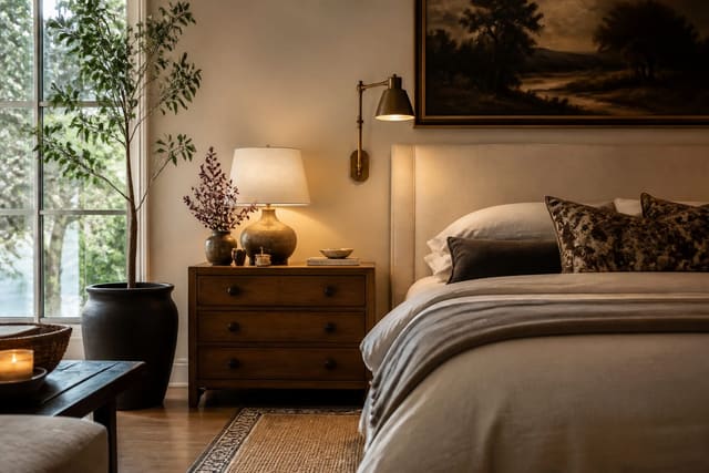 Editorial bedroom illustrating bedroom nightstand ideas: style, function, and correct height with warm natural light, layered styling, and realistic residential scale