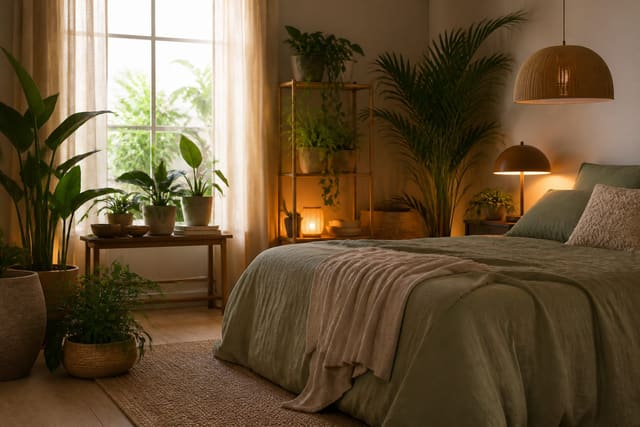 Bedroom Plants Guide in a bedroom, shown as a warm editorial Re-Design concept