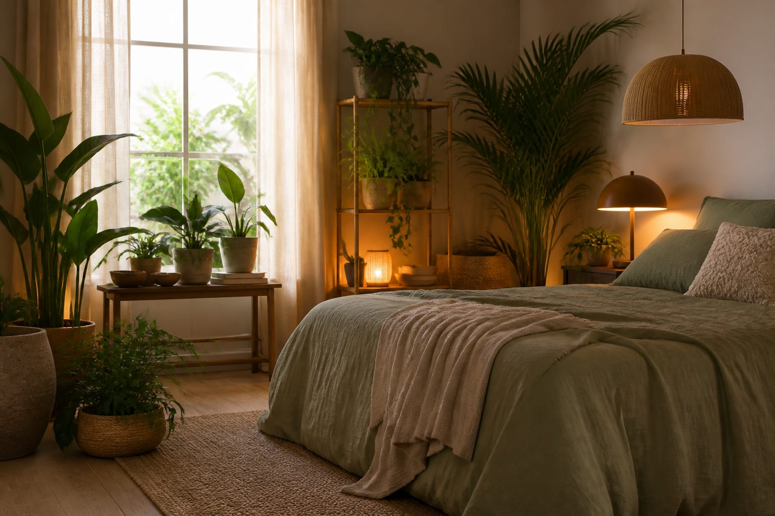 Bedroom Plants Guide in a bedroom, shown as a warm editorial Re-Design concept