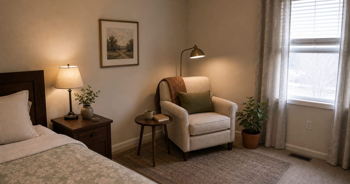 Bedroom corner with a reading chair, warm floor lamp, small side table, rug, and plant.