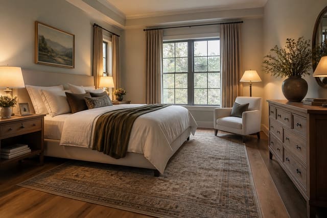 Editorial interior photograph showing bedroom rug ideas: get the size and placement right in a real bedroom, with warm residential materials, layered lighting, functional furniture placement, and a magazine-quality composition.