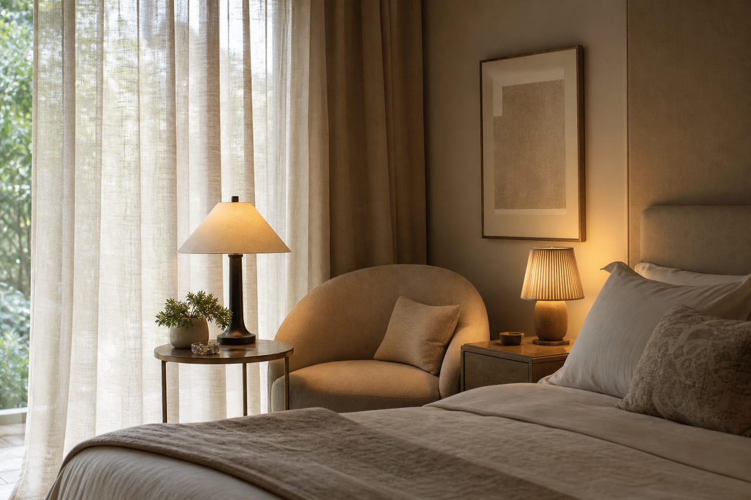 soft upholstered chair, small round table, and shaded lamp in a calm bedroom corner with linen curtains