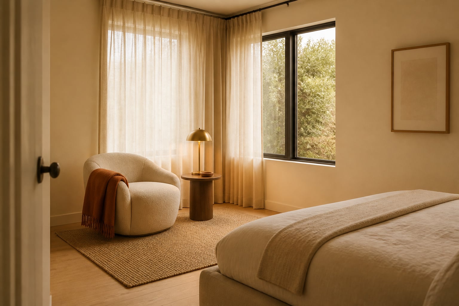 Same bedroom corner with an ivory bouclé lounge chair, a walnut side table with a warm brass lamp, a sheer linen curtain, a caramel throw, and a jute rug.