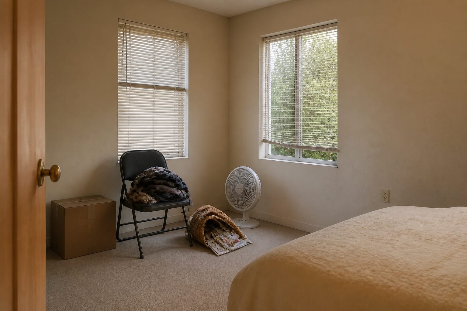 Bedroom corner cluttered with a folding chair piled with laundry, a moving box, a tipped basket of magazines, a floor fan, and bent mini-blinds.