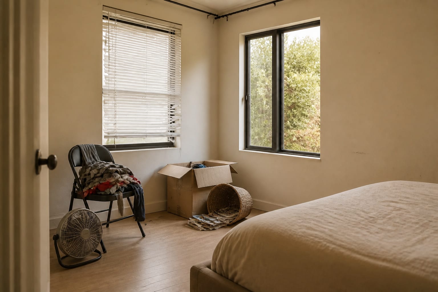 Bedroom corner cluttered with a folding chair piled with laundry, a moving box, a tipped basket of magazines, a floor fan, and bent mini-blinds.