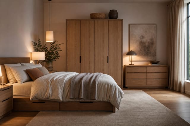 bedroom with a freestanding oak wardrobe, low dresser, under-bed drawers, and linen bedding arranged as one calm storage wall