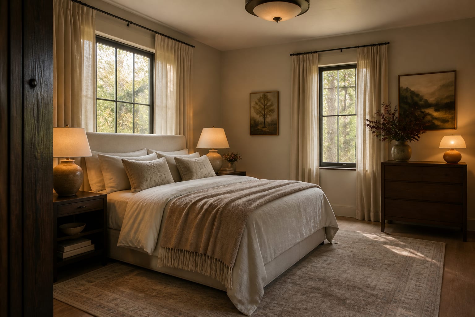 warm bedroom with upholstered bed, layered lamps, linen curtains, and compact nightstands arranged around real windows