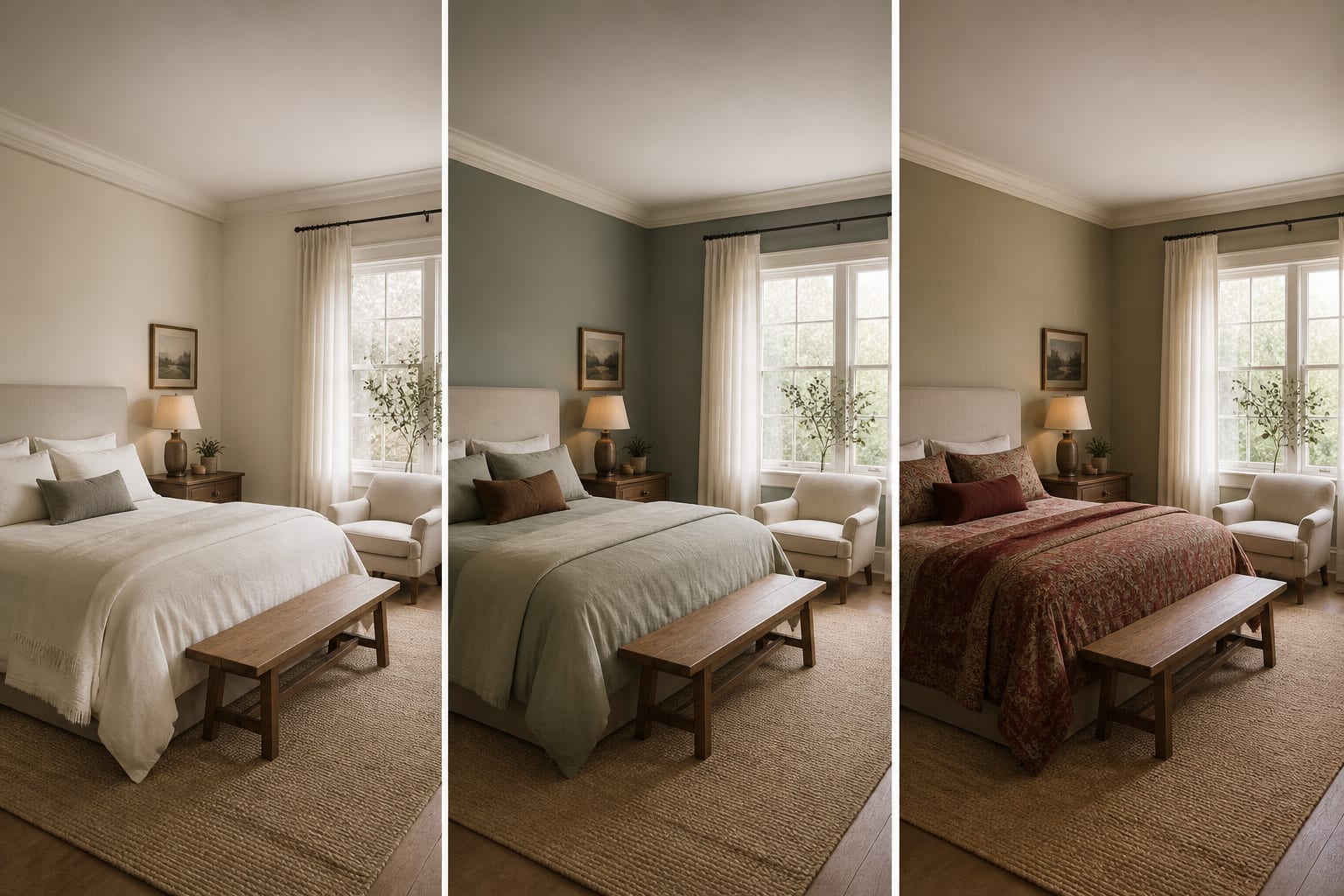 bedroom comparison board showing the same room tested with pale neutrals, muted green walls, and richer traditional textiles