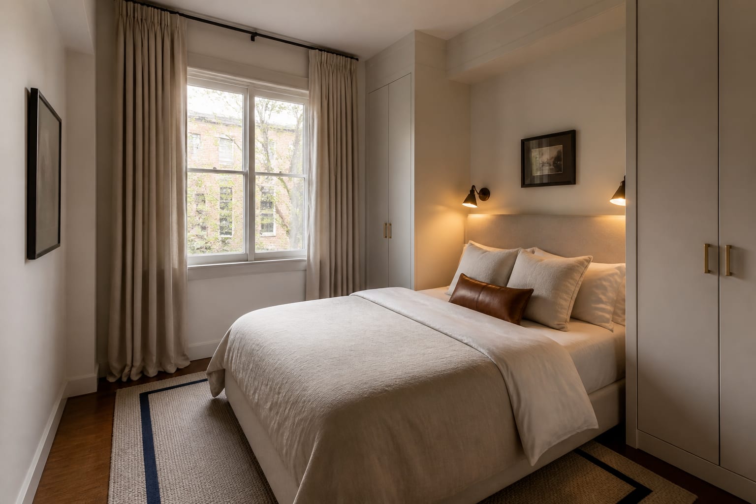 small bedroom with taped rug footprint, bedside sconces, closed storage, and curtains hung high above the window frame