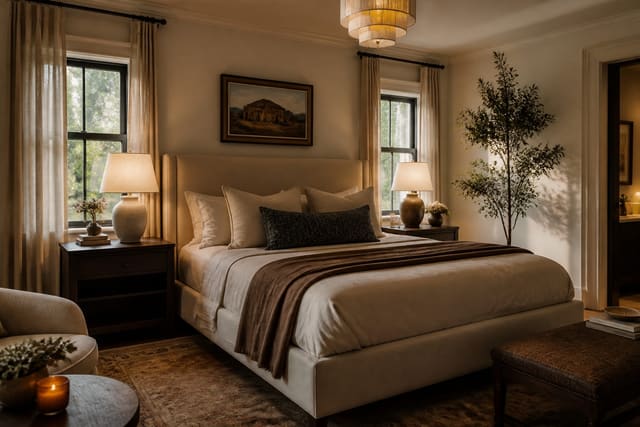 warm bedroom with upholstered bed, layered lamps, linen curtains, and compact nightstands arranged around real windows