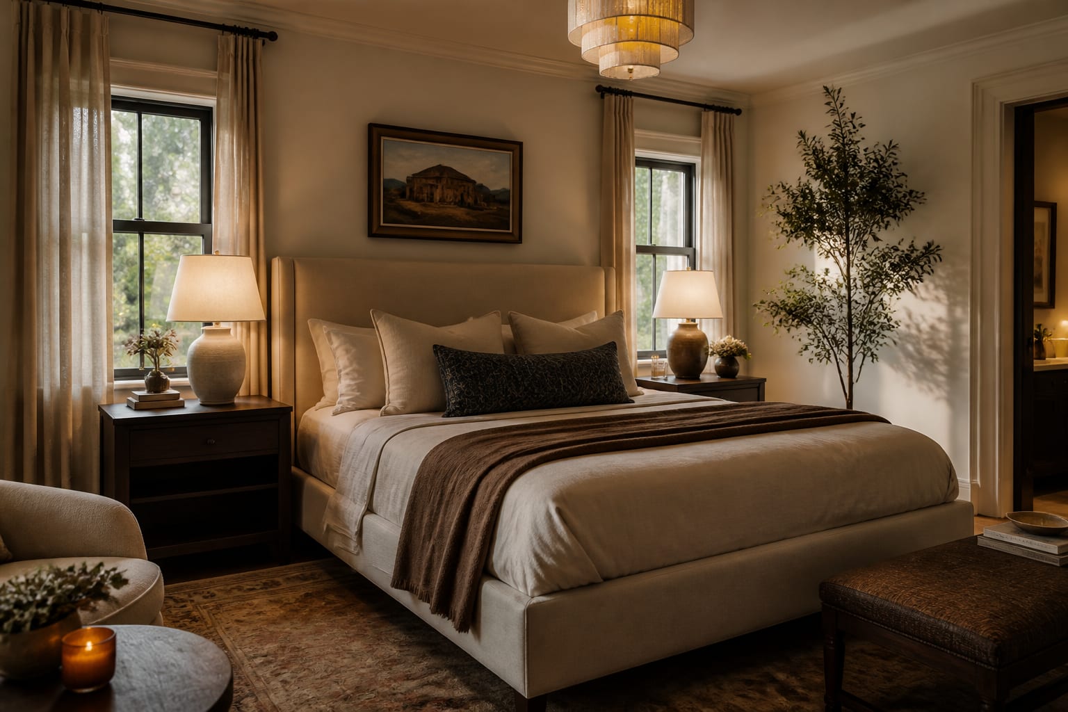 warm bedroom with upholstered bed, layered lamps, linen curtains, and compact nightstands arranged around real windows
