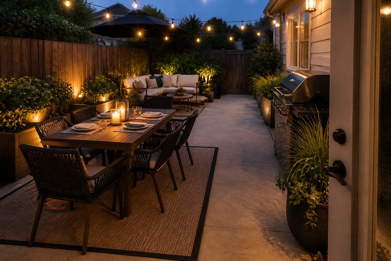 Same patio angle redesigned with a shaded seating group, dining table, outdoor rug, planters, string lights, and clearer circulation.