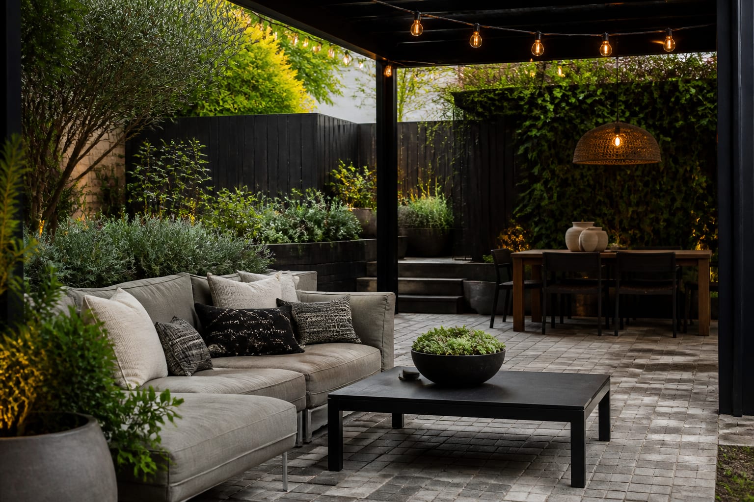 covered patio with weathered pavers, modular outdoor seating, layered planters, string lights, and a shaded dining corner