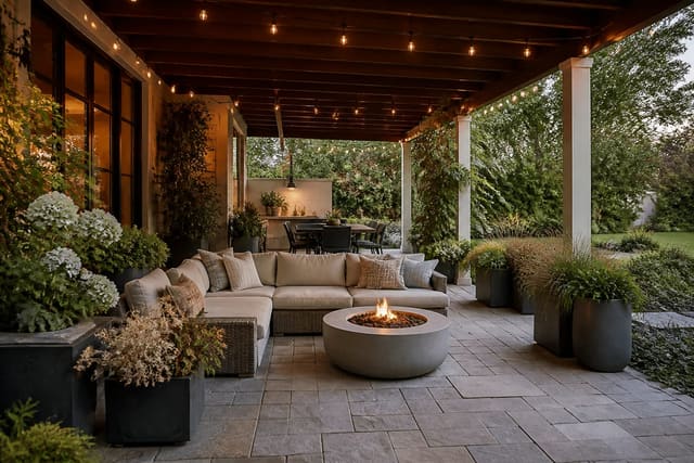 covered patio with weathered pavers, modular outdoor seating, layered planters, string lights, and a shaded dining corner