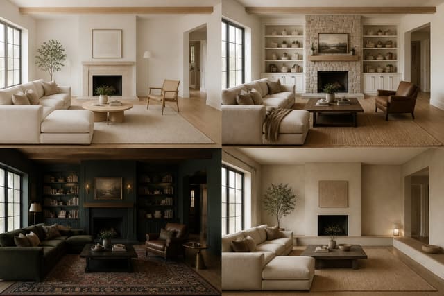 A four panel comparison of the same living room rendered by four different AI design styles, on a single layout grid