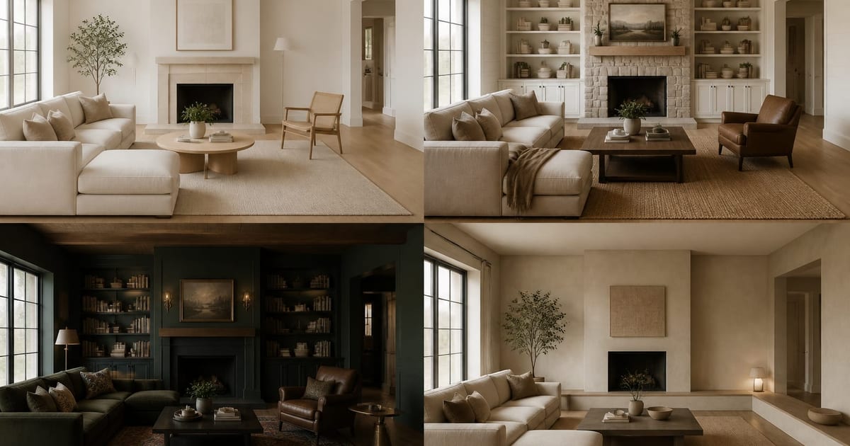 A four-panel comparison showing the same living room rendered by four different AI design tools, each in a slightly different style, on a single layout grid